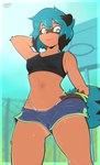 anthro blue_body blue_eyes blue_hair bodily_fluids breasts brown_body brown_fur clothed clothing female fur hair solo suntan sweat tail tan_line topwear amazinggwen brand_new_animal studio_trigger michiru_kagemori canid canine mammal raccoon_dog tanuki absurd_res hi_res