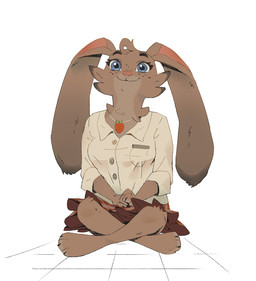 3_toes anthro barefoot blue_eyes bottomwear brown_body brown_fur cat_smile cheek_tuft clasped_hands claws clothing collared_shirt crossed_legs dress_shirt eyebrows eyelashes facial_tuft feet female finger_claws floppy_ears freckled_face freckles fur head_tuft jewelry long_ears looking_at_viewer necklace on_ground paws raised_eyebrows school_uniform shirt simple_background sitting skirt solo toe_claws toes topwear tuft uniform ruffu pepper_in_the_sandbox paddy_(ruffu) lagomorph leporid mammal rabbit digital_drawing_(artwork) digital_media_(artwork)