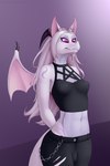 anthro bat black_horn blue_body breasts bulge clothed clothing cute_fangs dragon ear_piercing gynomorph hair hi_res horn howling-strawberries hybrid intersex long_hair looking_down mammal markings membrane_(anatomy) membranous_wings mythological_creature mythological_scalie mythology piercing purple_eyes purple_markings scalie simple_background small_breasts snout solo strawberries_(character) tail white_body white_hair wings
