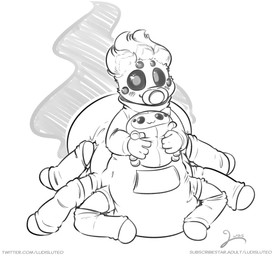 6_eyes 6_legs anthro diaper feces male multi_eye object_in_mouth pacifier pacifier_in_mouth plushie pooping smelly soiled_diaper soiling soiling_diaper solo stink_fumes unclean_diaper used_diaper using_diaper ludis-luteo dungeons_and_dragons hasbro wizards_of_the_coast cole_murphy arachnid arthropod drider insect spider hi_res monochrome