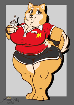 anthro beverage big_breasts biped bottomwear breasts clothed clothed_anthro clothed_female clothing container cup feet female fingers front_view fur grey_background hand_on_hip holding_container holding_cup holding_object hotpants huge_breasts humanoid_hands looking_at_viewer milkshake name_tag neck_tuft overweight overweight_anthro overweight_female pose red_clothing red_shirt red_topwear shadow shirt shorts simple_background smile solo standing tail text thick_thighs toes topwear tuft white_body white_fur wide_hips work_uniform yellow_body yellow_fur p1aymannx mcdonald's miko_(p1aymannx) canid canine canis domestic_dog mammal shiba_inu spitz 2025 absurd_res artist_name colored full-length_portrait hi_res portrait shaded