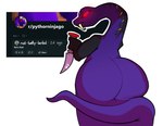 anthro apode big_butt butt dagger fangs glowing glowing_eyes holding_dagger holding_melee_weapon holding_object holding_weapon legless long_neck looking_back male melee_weapon mouth_closed purple_body purple_scales rear_view red_eyes scales serpentine simple_background solo standing teeth text weapon white_background lechecker lego ninjago pythor_(ninjago) anacondrai draconcopode naga reptile scalie serpentine_(ninjago) snake 2025 english_description english_text