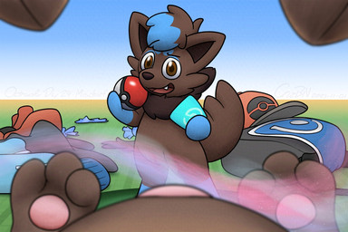 after_transformation ambiguous_gender backpack blue_feet blue_hands brown_eyes candy canine_teeth clear_sky clothing dessert dipstick_arms dipstick_hair dipstick_legs eyebrows feet feral first_person_view food footwear grey_body hat head_tuft headgear headwear open_mouth pink_nose pokeball pokeball_clothing rare_candy red_clothing red_hat red_headwear shoes sky sneakers solo torn_clothing trainer_card transformation transformation_through_magic tuft crizbn nintendo pokemon generation_5_pokemon generation_7_pokemon pokemon_(species) rockruff shiny_pokemon zorua 2025 3:2 hi_res