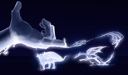 ambiguous_gender blue_background creating_life feral fingernails gesture group hand_gesture horn humanoid_hands liquid nails pointing simple_background standing tail trio walking wings pandottermon mythology dragon human mammal mythological_creature mythological_scalie scalie 2026 colored