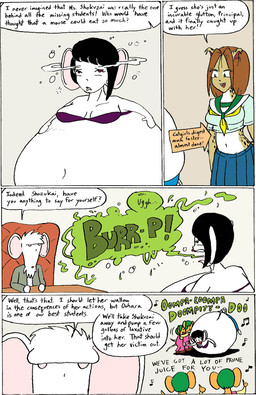 abdominal_bulge after_vore anthro asian_clothing belly big_belly black_hair bloated bottomwear bra burp_cloud burping clothing crop_top dialogue dizzy east_asian_clothing female fur group hair huge_belly japanese_clothing japanese_school_uniform overweight school_uniform serafuku shirt skirt text topwear underwear uniform vore white_body white_fur s.sakurai felid mammal mouse murid murine oompa_loompa rodent comic english_text