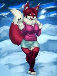 5_fingers anthro big_breasts bottomwear breasts clothed clothing digitigrade female fingers fully_clothed fur hair jacket legwear open_mouth outside red_body red_eyes red_fur red_hair short_hair skirt smile snow solo standing stockings topwear general-irrelevant regys_(carp) canid canine fox mammal 2020 3:4 digital_media_(artwork) hi_res