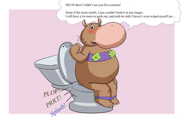 anthro belly bikini bikini_aside bottomless clothed clothing clothing_aside dialogue fart female hilda_hippo implied_pooping slightly_chubby slightly_chubby_female solo swimwear swimwear_aside text toilet two-piece_swimsuit young illustr8er91 the_busy_world_of_richard_scarry common_hippopotamus hippopotamid mammal absurd_res english_text hi_res