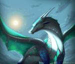 blue_body blue_eyes blue_scales cloud detailed_background feral green_body green_scales horn light outside scales sky smile solo sun sunlight text wings zagiir mythology wings_of_fire dragon hybrid icewing_(wof) mythological_creature mythological_scalie scalie seawing_(wof) digital_media_(artwork) english_text signature watermark