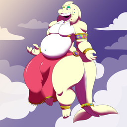 3_toes 4_fingers anthro bangle belly big_belly bottomwear bulge clothed clothing cloud feet fingers floating jewelry male navel navel_piercing necklace nipples overweight overweight_anthro overweight_male piercing ring skirt sky solo toes dirtymac aquatic cetacean deity mammal 1:1 absurd_res hi_res