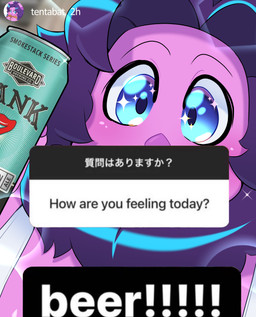 alcohol anthro beer beverage beverage_can blue_eyes caption caption_box female selfie solo sparkles text tentabat how_are_you_feeling_today?_beer!!!!! instagram tenta_(tentabat) 2025 digital_media_(artwork) english_text hi_res meme