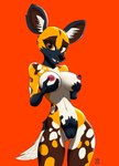 anthro areola big_areola big_breasts breast_play breasts claws curvy_figure eyebrows fangs female fur fur_markings genitals hand_on_breast highlights_(coloring) holding_breast inner_ear_fluff looking_at_viewer markings mottled navel nipples nude orange_eyes pose pussy raised_eyebrow red_background simple_background small_waist smile smiling_at_viewer solo standing tail teeth thick_thighs touching_nipples tuft vike_mike african_wild_dog canid canine mammal digital_drawing_(artwork) digital_media_(artwork) hi_res pinup shaded