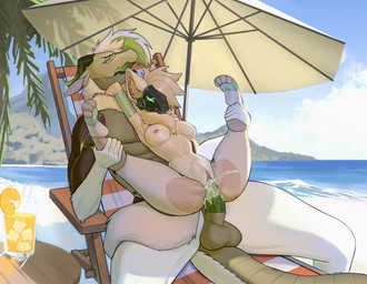 4_toes 5_fingers anthro anthro_on_anthro anthro_on_bottom anthro_on_top anthro_penetrated anthro_penetrating anthro_penetrating_anthro areola balls beach biped bodily_fluids breasts butt cum cum_from_vagina cum_in_vagina cum_inside day duo erection eyes_closed eyewear eyewear_only feet female female_on_top female_penetrated fingers fur genital_fluids genitals glasses glasses_only green_horn green_tongue hair horn inner_ear_fluff leaking_vagina machine male male/female male_on_bottom male_penetrating male_penetrating_female mountain navel nipples nude nude_anthro nude_female nude_male on_bottom on_top open_mouth outside outside_sex penetration penile penile_penetration penis penis_in_vagina sand sea sex sitting sky spread_legs spreading tail toes tongue tuft vaginal vaginal_penetration vulva water wearing_glasses white_body white_fur white_hair white_tail ioan_kian elin_(psychorodent) minthe_(perhapsmaybe05) protogen snatyr 2025 absurd_res digital_drawing_(artwork) digital_media_(artwork) hi_res