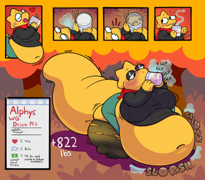anthro belly belly_on_ground big_belly big_breasts big_tail blush bodily_fluids bottomwear breasts breath buckteeth clothing drinking eating emanata eyelashes eyewear fat_legs female flying_sweatdrops food glasses half-closed_eyes heart_symbol huge_belly huge_tail instant_noodles leggings legwear long_tail morbidly_obese morbidly_obese_anthro morbidly_obese_female motion_lines narrowed_eyes navel noodles obese obese_anthro obese_female outside overweight overweight_anthro overweight_female plant rapid_weight_gain scarf skirt slosh sloshing_belly smile solo sound_effects standing steam sweat sweatdrop sweater tail teeth text thick_tail tongue tongue_out topwear torn_clothing torn_leggings torn_legwear tree weight_gain weight_gain_sequence yellow_body geckomania undertale_(series) alphys lizard reptile scalie 2025 comic english_text hi_res trans_(lore) trans_woman_(lore)