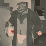 anthro back_pain bathrobe beard bed beverage big_bulge biped body_hair briefs bulge chest_hair claws clenched_teeth clothing container cuff_(restraint) cup detailed_background facial_hair finger_claws furniture handcuffs happy_trail holding_beverage holding_container holding_cup holding_object male male_anthro mature_anthro mature_male metal_cuffs mustache one_eye_closed pantsless_anthro pantsless_male pubes red_eyes restraints robe solo teeth text tighty_whities underwear white_briefs white_clothing white_underwear y-fronts bonfiredemon felid feline mammal 1:1 2024 digital_media_(artwork) english_text hi_res restricted_palette