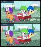 accessory apple_bloom_(mlp) armor binoculars black_border border bow_(feature) bow_accessory bow_ribbon comic computer cutie_mark_crusaders_(mlp) earth_pony electronics english_text equid equine feathered_wings feathers female feral friendship_is_magic group hair_accessory hair_bow hair_ribbon hasbro headgear helmet hi_res horn horse jananimations laptop mammal my_little_pony mythological_creature mythological_equine mythology orange_body orange_feathers pegasus pony ribbons scootaloo_(mlp) scooter sweetie_belle_(mlp) text tumblr unicorn vehicle wagon wings young