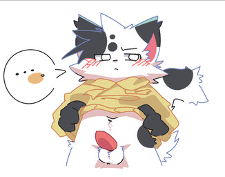 anthro balls black_ear_tips black_hands black_tail blush blush_lines clothing dipstick_ears ear_markings erection fur genitals grey_body grey_fur hands_on_sides holding_clothing holding_object holding_shirt holding_topwear looking_away looking_down male multicolored_body multicolored_ears multicolored_fur navel penis shirt simple_background solo speech_bubble tail topwear two_tone_body two_tone_fur white_background white_body white_fur white_tail yellow_clothing yellow_shirt yellow_topwear young ranshinumeda334 zelnodo domestic_cat felid feline felis mammal 2025