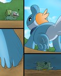 3_toes ambiguous_gender bloopah-bloopah blue_body bulbasaur butt colored comic crush digital_media_(artwork) duo effra elemental_creature feet feral flora_fauna foot_crush generation_1_pokemon generation_3_pokemon hi_res larger_feral macro micro mudkip nintendo open_mouth paws plant pokemon pokemon_(species) pokemon_mystery_dungeon red_eyes size_difference smile soles spike_chunsoft stomping toes tongue