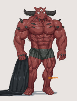 2_horns 3_eyes 5_fingers 5_toes abs feet fingers horn humanoid_hands male multi_eye muscular muscular_humanoid muscular_male pecs red_body red_skin simple_background solo spikes spikes_(anatomy) toes white_background arkalpha meg's_monster gustav_(meg's_monster) demon demon_humanoid humanoid hi_res