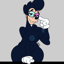 anthro areola big_breasts black_eyes blue_areola blue_body blue_fur blue_nipples breasts clothing eyelashes eyewear female fur glasses gloves grey_background handwear looking_at_viewer navel nipples nude rectangular_glasses simple_background smile solo tan_body tan_fur thick_thighs white_clothing white_gloves white_handwear wide_hips jjoyplus disney goof_troop fan_character nebula_(toonsexual) canid canine canis domestic_dog mammal 1:1