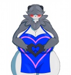 2016 anthro anthrofied apron apron_only bear big_breasts blush breasts cleavage clothed clothing fan_character female fur generation_6_pokemon grey_body grey_fur grey_hair hair heart_symbol huge_breasts long_hair lunis1992 mammal mature_anthro mature_female mostly_nude nintendo pangoro pokemon pokemon_(species) pokemorph roseline_riese simple_background smile solo thick_thighs tuft white_background white_body white_fur wide_hips