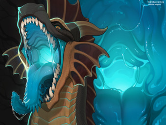 ambiguous_gender anthro bioluminescence black_body black_scales blue_mouth blue_sclera blue_tongue bodily_fluids drooling drooling_tongue fangs feral fire frill_(anatomy) glowing horn light_mouth mouth_shot open_mouth plate saliva scales snout solo spikes teeth throat tongue tongue_out vore white_eyes yellow_body hoffersanchez mythology dragon mythological_creature mythological_scalie scalie hi_res
