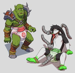 anthro armor biped black_body black_fur clothed clothing diaper fur green_body green_diaper green_eyes green_skin harness long_ears male multicolored_body multicolored_fur red_diaper red_eyes robotic_hand simple_background solo teeth tusks two_tone_body two_tone_fur wearing_diaper white_body white_fur crackajackin blizzard_entertainment warcraft lagomorph leporid mammal orc rabbit 2015 digital_media_(artwork) multiple_images