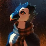 anthro beak black_body blue_body blue_sclera cheek_tuft facial_tuft head_tuft male mouth_closed orange_eyes outside scarf solo tuft white_body mylafox avian 1:1 2023 bust_portrait dated hi_res portrait signature