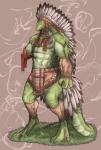 3_fingers 3_toes abs abstract_background amputee anthro armband biceps biped bottomwear claws clothed clothing digitigrade disability feathered_headdress feathers feet fingers grass green_body green_scales headdress leather leather_armband leather_bottomwear leather_clothing leather_legband leather_loincloth legband loincloth male missing_arm muscular muscular_anthro muscular_male native_american one_arm pecs plant pupils scales simple_background slit_pupils solo standing tail_scales toe_claws toes topless vein veiny_arms veiny_chest wide_stance yellow_eyes shaolin_bones lizard reptile scalie 2012 digital_media_(artwork)