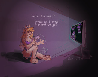 anthro antlers bra brown_body brown_fur clothing computer confusion controller dialogue dim_lighting door electronics female frustrated fur game_controller game_screen hair highlights_(coloring) horn laptop looking_at_screen nintendo_controller orange_hair panties playing_game purple_bra purple_clothing purple_panties purple_underwear snes_controller solo tail television text underwear white_highlights frolick metroid nintendo super_metroid super_nintendo deer mammal english_text