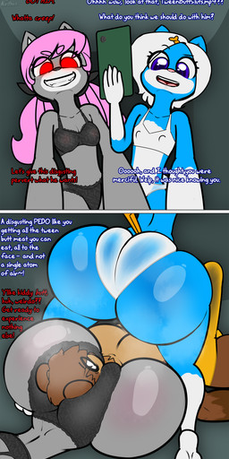 age_difference anthro big_butt bra brown_body butt cellphone clothed clothing dominant dominant_young electronics exclamation_point female grey_body group hair holding_cellphone holding_object holding_phone huge_butt loli male male/female multicolored_body nipple_outline older_male panties pedophilia_humiliation pedophilia_temptation phone pink_hair purple_eyes question_mark red_eyes stated_pedophilia text thick_thighs trio two_tone_body underwear white_hair wide_eyed wide_hips young young_anthro young_female younger_female norithics bethany_blacksboro gwen_mason bear domestic_cat felid feline felis mammal mephitid skunk english_text hi_res