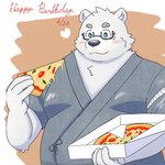 anthro belly big_belly black_nose blush container eyewear food glasses humanoid_hands jinbei_(clothing) kemono male overweight overweight_male pizza pizza_box pizza_slice solo text white_body yaki_atsuage bear mammal polar_bear ursine 1:1 2022 hi_res