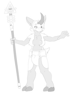anthro breasts cloth_diaper diaper female fur hooves horn nub_tail nude smile snaggle_teeth solo staff hardscales thrumbo hi_res monochrome sketch
