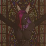 1:1 3d_(artwork) anthro bdsm blair_(unmakeyourself) blood bodily_fluids bondage bound bovid breasts caprine church clothed clothing collar digital_media_(artwork) female fur goat hair harness hi_res horn light lighting looking_at_viewer mammal nipples nosebleed nude pupils religious_themes restraints sleeves solo stained_glass submissive suspension unmakeyourself_(artist) unusual_pupils
