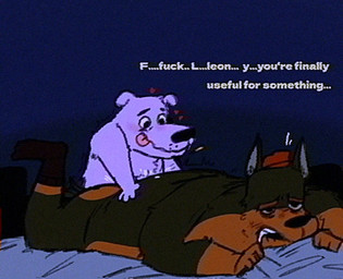 anal anal_orgasm anthro bed_sheet bedding bedroom belly black_body black_clothing black_footwear black_fur black_nose black_socks blue_background bodily_fluids clothing cum cum_inside duo ejaculation footwear fur genital_fluids grabbing_sheets hands-free hat headgear headwear male male/male muscular orgasm orgasm_face profanity red_clothing red_hat red_headwear shaking shivering simple_background size_difference socks text tongue tongue_out verbal_submission vhs_filter white_body white_fur skook! dog_city fox_kids nelvana baron_von_rottweiler leon_burger_(dog_city) canid canine canis domestic_dog hybrid mammal mastiff molosser rottweiler english_text