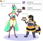 anthro belly black_sclera breasts duo female female/female flat_chested fluffy food hooters_uniform midriff navel pancake slightly_chubby slim small_breasts stinger text partlysmith hooters arthropod bee hymenopteran insect lepidopteran luna_moth moth saturniid english_text hi_res