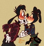 anthro blush blush_lines blushing_profusely clothed clothing duo eyes_closed gloves handwear holding_face kiss_on_lips kissing looking_at_another love male male/male simple_background surprise surprise_kiss surprised_expression tan_background jaessjinx animaniacs animaniacs_(2020) disney goof_troop hulu warner_brothers max_goof yakko_warner canid canine canis domestic_dog inkblot mammal