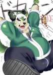 anthro belly black_nose bottomwear bulge clothing electronics food fur green_body green_fur headphones kemono male overweight overweight_anthro overweight_male pants scared shirt solo text topwear martuguma lifewonders live_a_hero mokdai canid canine canis domestic_dog mammal 2021 hi_res japanese_text