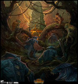 accessory ambiguous_gender anthro armor blue_body blue_scales crouching electricity facial_piercing forest furgonomics grass green_body green_scales group holding_melee_weapon holding_object holding_polearm holding_shield holding_spear holding_staff holding_sword holding_weapon horn leather leather_armor lightning male melee_weapon nose_piercing nose_ring nude open_mouth piercing plant polearm rear_view ring_piercing runes scales septum_piercing septum_ring sharp_teeth shield spear staff sword tail tail_accessory teeth text tree weapon klaher_baklaher total_war:_warhammer warhammer_(franchise) chameleon lizard lizardman lizardman_(warhammer) reptile scalie 2021 digital_media_(artwork) english_text hi_res official_art
