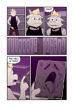 2_horns 6_panel_comic anthro black_clothing black_shirt black_topwear blonde_hair book bookshelf bottomwear browsing checkered checkered_bottomwear checkered_clothing clothed clothing cursed_object dialogue disappointed flesh_fang furniture hair holding_book holding_object horn library male noticing pants pattern_bottomwear pattern_clothing scribbles shirt shocked solo standing tail talking_to_self tank_top text topwear t0l0k azz_(t0l0k) bovid caprine goat mammal comic english_text hi_res