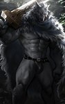2022 abs anthro backlighting belt biped blaidd_(elden_ring) buckle bulge canid canine canis cloak clothed clothing digital_media_(artwork) dopq elden_ring fangs fromsoftware fur grey_body grey_fur hi_res holding_object holding_sword holding_weapon jewelry leaf light lighting looking_at_viewer male mammal melee_weapon muscular muscular_anthro muscular_male nipples pantsless pecs purple_eyes scar solo standing sword teeth weapon weapon_on_shoulder wolf