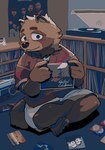 anthro biped black_nose bottomwear brown_body clothing detailed_background humanoid_hands inside kemono male shirt shorts sitting solo topwear vetiver_n canid canine mammal raccoon_dog tanuki 2022 hi_res