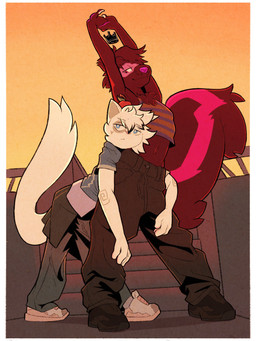 apple black_body bottomwear butt cargo_pants clothing crop_top duo food footwear fruit hug hugging_another hugging_butt pants plant shirt shoes stretching topwear white_body eyeball6300_(chiv) domestic_cat felid feline felis mammal mephitid skunk 3:4 hi_res