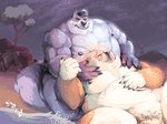 anthro beach black_nose blush claws duo ear_piercing eyebrow_piercing facial_piercing featureless_crotch fluffy fluffy_tail fur grey_body grey_fur head_on_lap male male/male moobs morbidly_obese morbidly_obese_anthro morbidly_obese_male night nipples nude_male obese obese_anthro obese_male on_lap outside overweight overweight_anthro overweight_male piercing plant pompadour pubes rock romantic romantic_ambiance romantic_couple sand sea seaside star tail tattoo tree water yellow_sclera smokinchips fenris_high mythology fatso_jones monte_(worgenrouge) akita akita_inu canid canine canis domestic_dog mammal mythological_canine mythological_creature spitz werecanid werecanine werecreature weredog werewolf wolf 2020 4:3 digital_media_(artwork) digital_painting_(artwork) hi_res