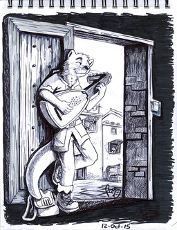 anthro building closed_smile clothed clothing eyes_closed footwear group head_tuft holding_musical_instrument holding_object logo male male_anthro mouth_closed musical_instrument playing_music shoes smile solo_focus standing tail tuft whiskers pandapaco mammal mustelid otter 2015 artist_logo dated monochrome signature