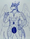 3_fingers bulge claws clothed clothing feathered_wings feathers fingers horn jockstrap male muscular tail topless underwear wings nameless00 mythology drackonthanri dragon mythological_creature mythological_scalie scalie hi_res pen_(artwork) traditional_media_(artwork)