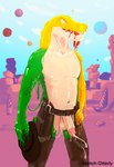 absurd_res alligator alligatorid anthro balls bodily_fluids candy chaps_only clothing cowboy cowboy_hat cowboy_outfit crocodile crocodile_tail crocodilian crocodylid cum dessert detailed_background ejaculation ejaculation_without_erection erection flaccid food food_creature genital_fluids genitals glans glitch_productions goo_(disambiguation) goo_creature goo_transformation gummigoo_(tadc) gummy_(food) gummy_creature hat headgear headwear hi_res holding_object humanoid_genitalia humanoid_penis living_candy male melting navel penis reptile scalie sketchotterly slime solo the_amazing_digital_circus tongue tongue_out transformation
