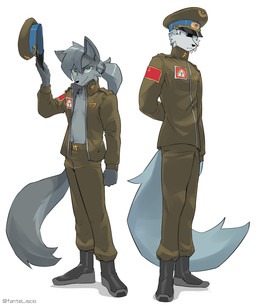 air_force anthro boots bottomwear brown_clothing clothed clothed_anthro clothed_male clothing duo footwear fully_clothed fully_clothed_anthro fully_clothed_male fur grey_body grey_fur grey_hair hair male male/male military military_uniform russian shoes soviet_union topwear uniform fanteliscio foxhound_(fanteliscio) fulcrum_(fanteliscio) canid canine canis mammal wolf absurd_res hi_res