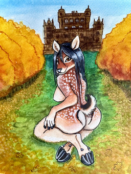 anthro autumn biped breasts building butt cloven_hooves detailed_background female female_anthro forest fur hair hooves long_hair looking_at_viewer looking_back looking_back_at_viewer markings nude nude_anthro nude_female outside plant rear_view scut_tail short_tail sitting solo spots spotted_body spotted_fur tail tree underhoof shiverz deer mammal 2026 japanese_description signature traditional_media_(artwork)