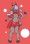 anthro big_breasts breasts brown_body brown_fur cloven_hooves facial_piercing fake_antlers fake_horns female fur grey_eyes holidays hooves horn navel one_eye_obstructed open_mouth piercing simple_background solo teeth tongue nulia christmas noona_(noona_plz) bovid caprine goat mammal 2023