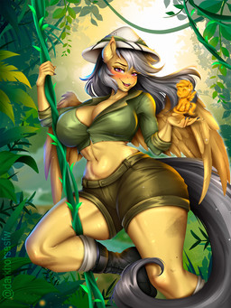 anthro anthrofied areola armor biped black_hair blush bodily_fluids boots bottomwear breasts cleavage clothed clothing eyelashes feathered_wings feathers female fingers footwear forest grey_hair hair hat headgear headwear helmet hotpants jungle looking_at_viewer multicolored_hair navel open_clothing open_shirt open_topwear pith_helmet plant pupils purple_eyes shirt shoes shorts smile socks solo statuette sweat thick_thighs topwear tree vines wings yellow_body ashimaroo friendship_is_magic hasbro my_little_pony mythology daring_do_(mlp) equid equine mammal mythological_creature mythological_equine pegasus 2025 3:4 digital_media_(artwork) hi_res